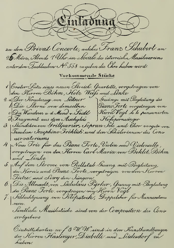 Schubert's final concert programme, 26 March 1828.